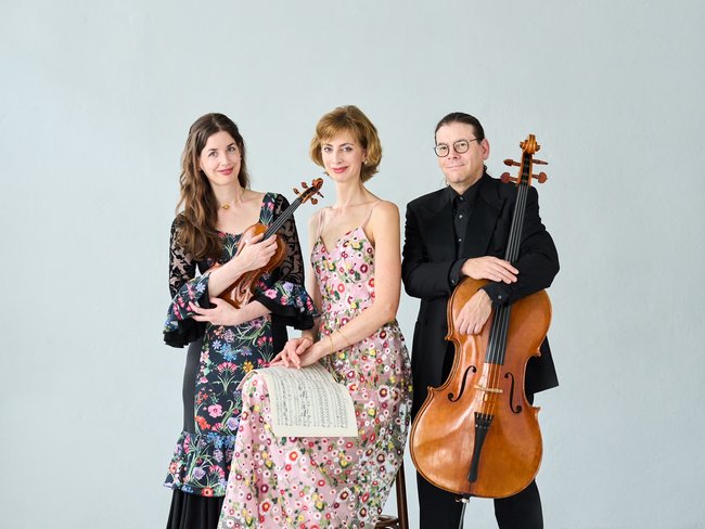Die Mitglieder des Klaviertrios mit ihren Instrumenten vor weißem Hintergrund.