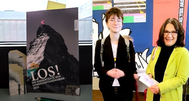 Links in der Collage ist das Buch "Los!" zu sehen. Im rechten Teil steht Carla Joch links neben Bärbel Grade.