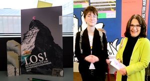 Links in der Collage ist das Buch "Los!" zu sehen. Im rechten Teil steht Carla Joch links neben Bärbel Grade.