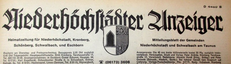 Die Jahrgänge 1965, 1966 und 1968 bis 1969 des „Niederhöchstädter Anzeigers“, einer Zeitung, die zweimal wöchentlich am Dienstag und Freitag erschien.